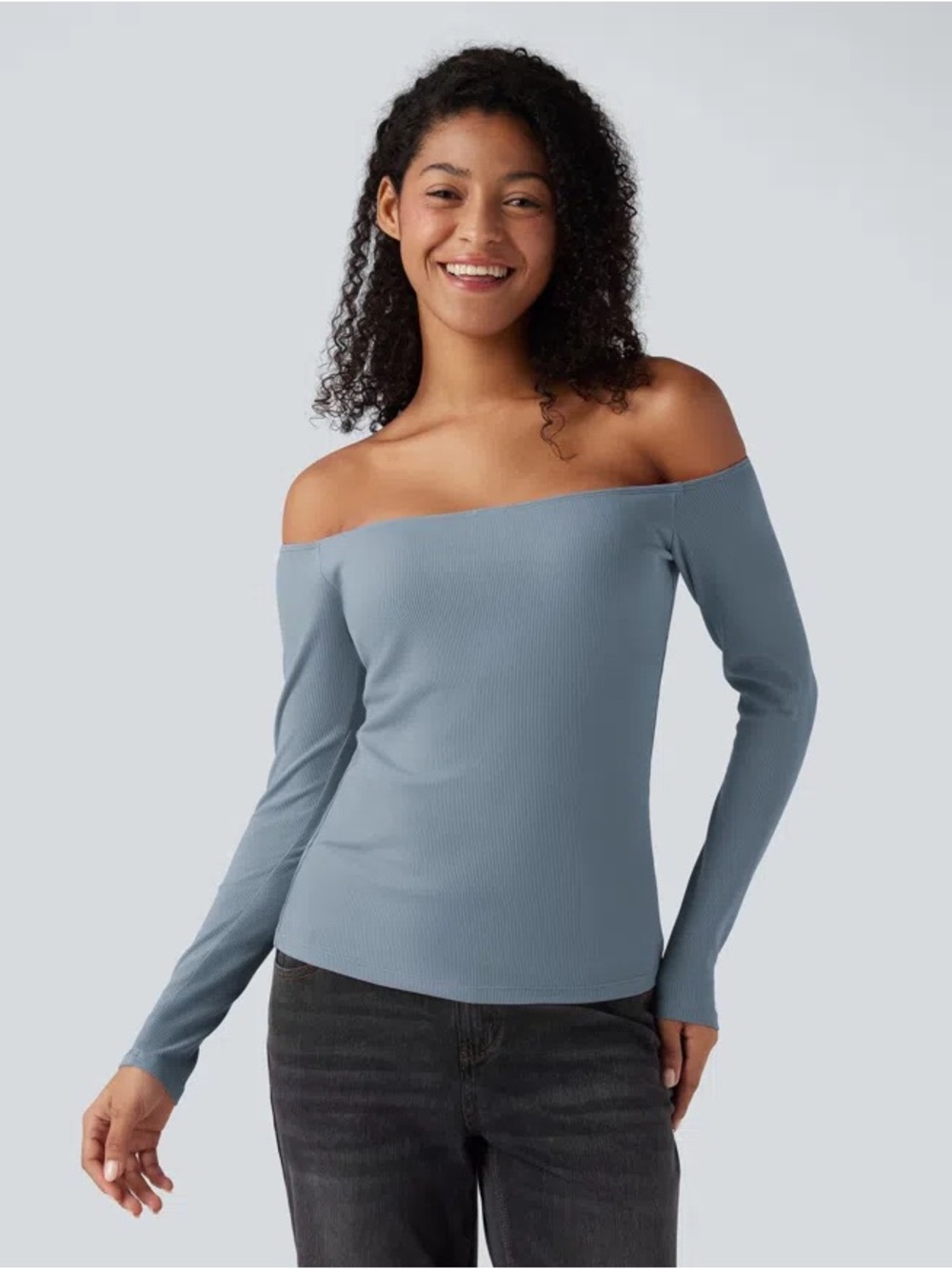 Halara Ribbed Knit Off Shoulder Long Sleeve 2-in-1 Casual Top in Dusty Blue